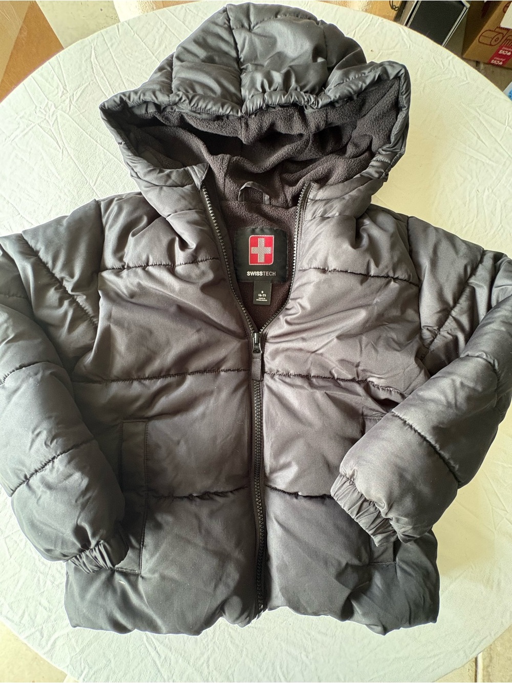 SwissTech Boys Black Hooded Puffer Jacket Fleece Lined Size 6-7
